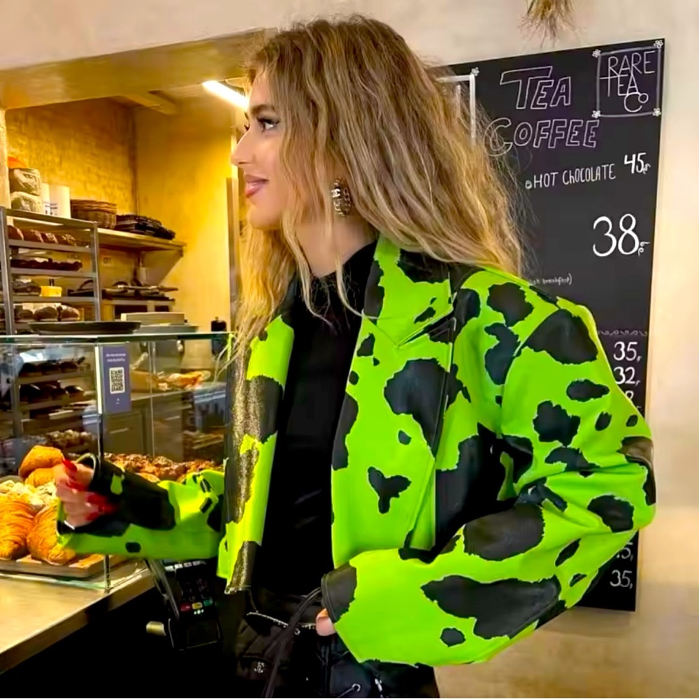 High Street Fashion Jacket For Women Faux PU Leather Greeen Cow Print Coat